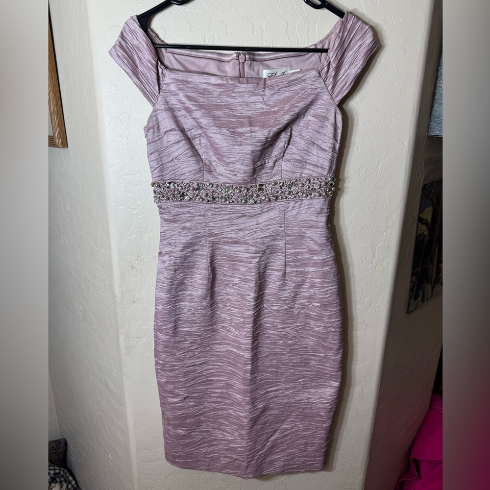 Eliza J Pink Off Shoulder Beaded Waist Cocktail Sheath Midi Dress Size 2